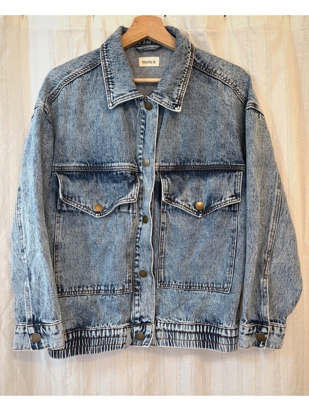 Mono b Blue Denim Bomber Jacket with Oversized Pockets Size Small #distressed
